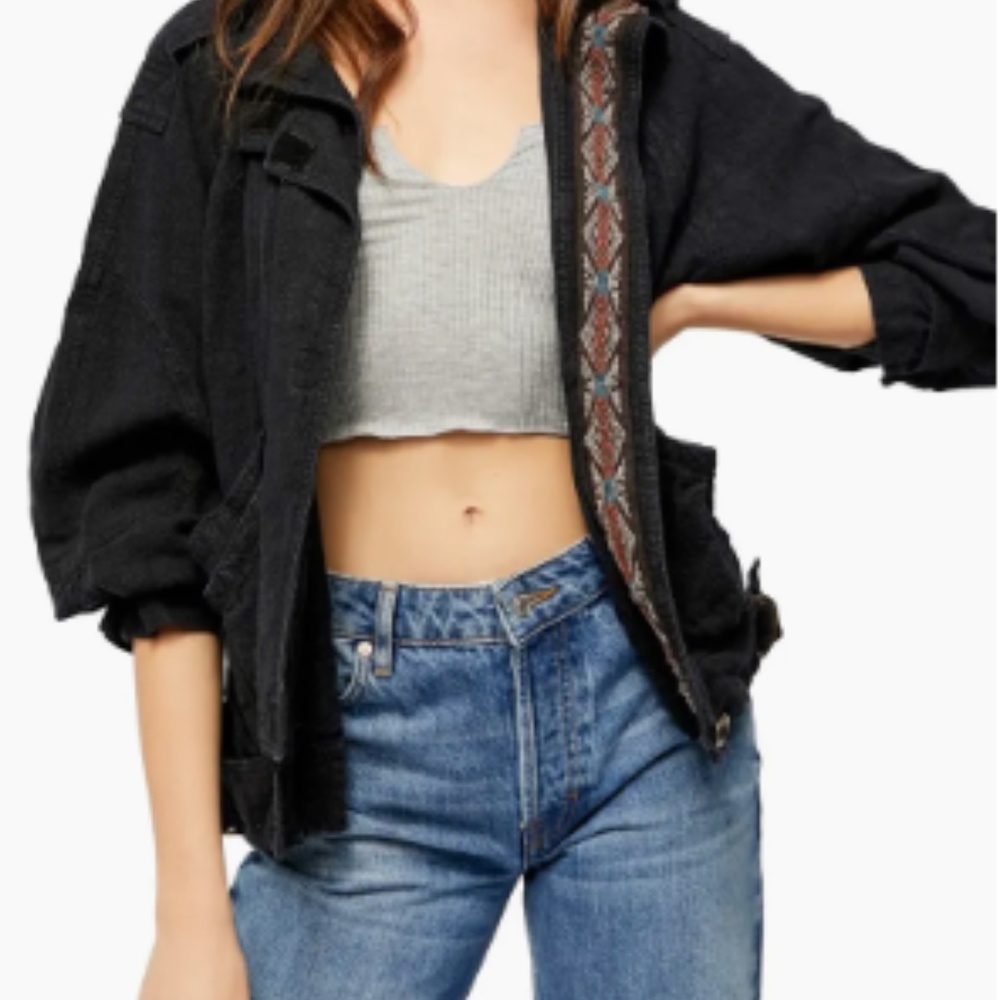 NWOT Free People Jayde Safari Bomber Jacket Utility Linen Blend Black Womens M